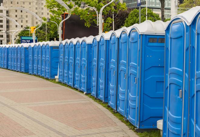 a row of portable restrooms ready for eventgoers in Beverly Hills